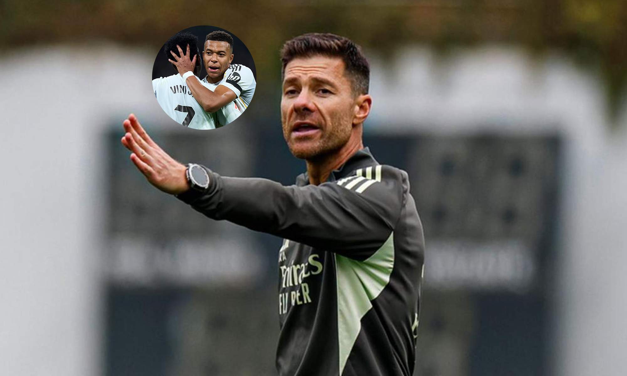 Xabi Alonso durante un entrenamiento y una foto de Vinícius Júnior y Kylian Mbappé. 