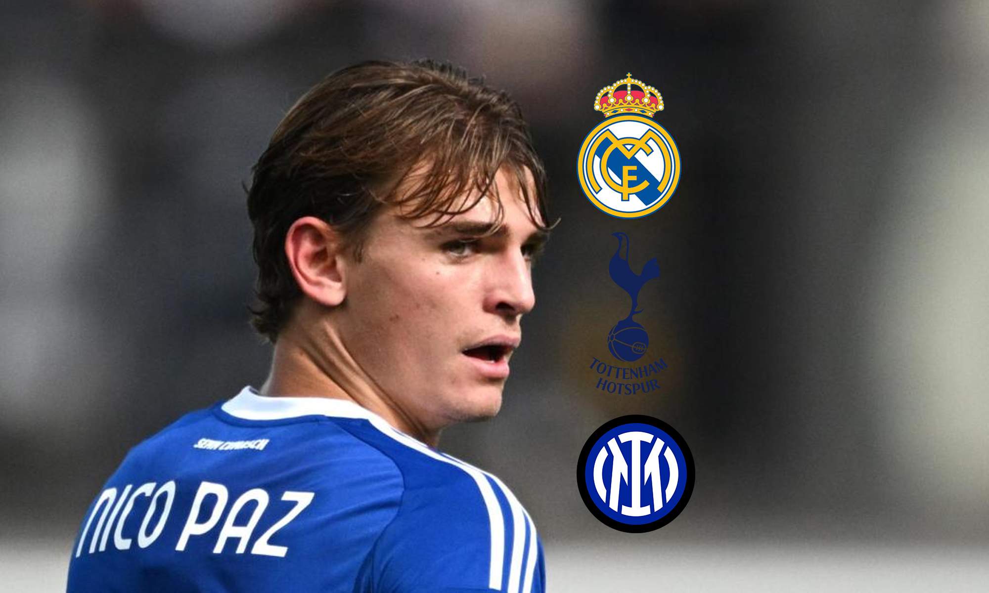 Nico Paz jugando con el Como y los escudos del Real Madrid, Tottenham e Inter de Milan.
