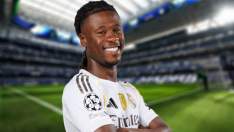 Eduardo Camavinga con la camiseta del Real Madrid y el Santiago Bernabéu. Eduardo Camavinga con la camiseta del Real Madrid y el Santiago Bernabéu.