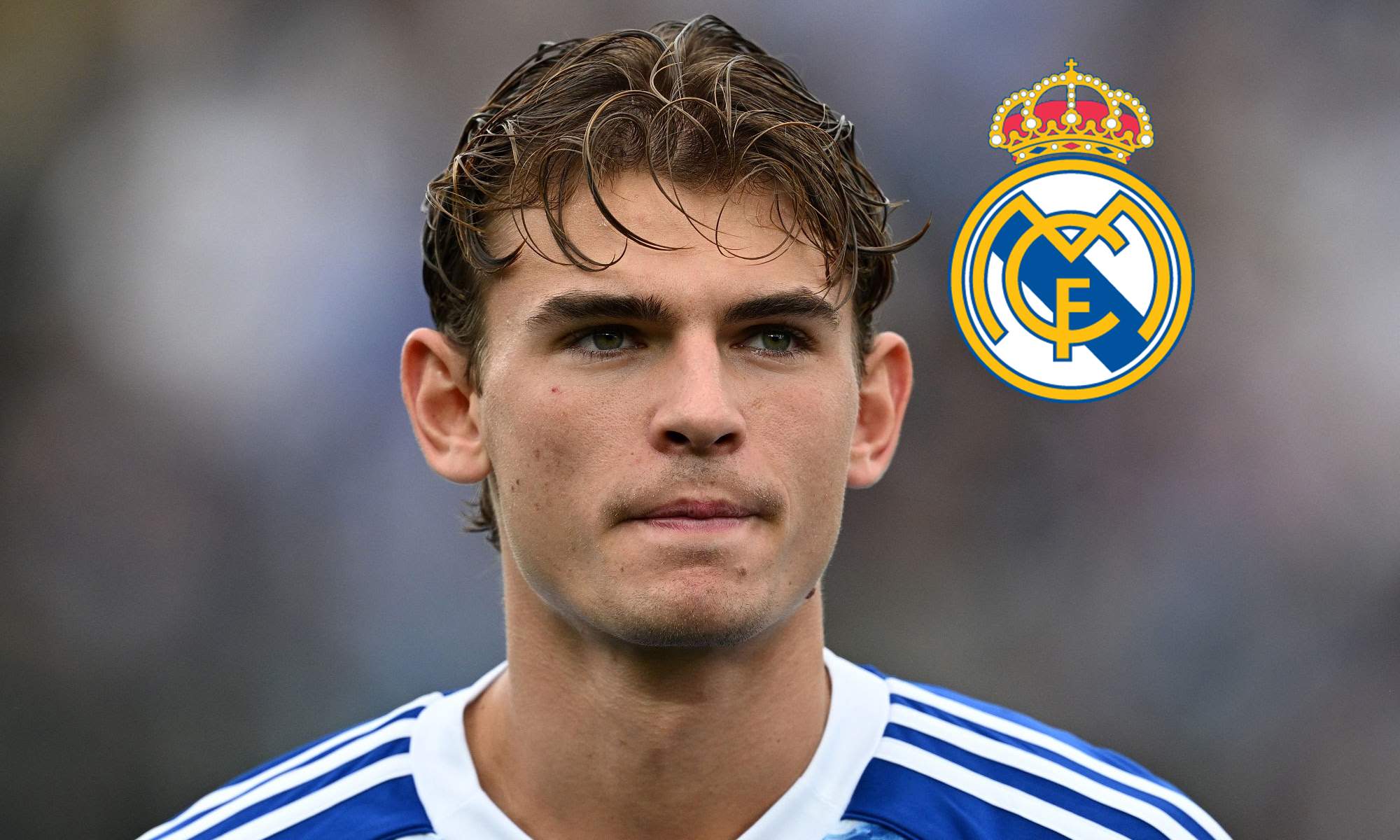 Nico Paz jugando con el Como y el escudo del Real Madrid.