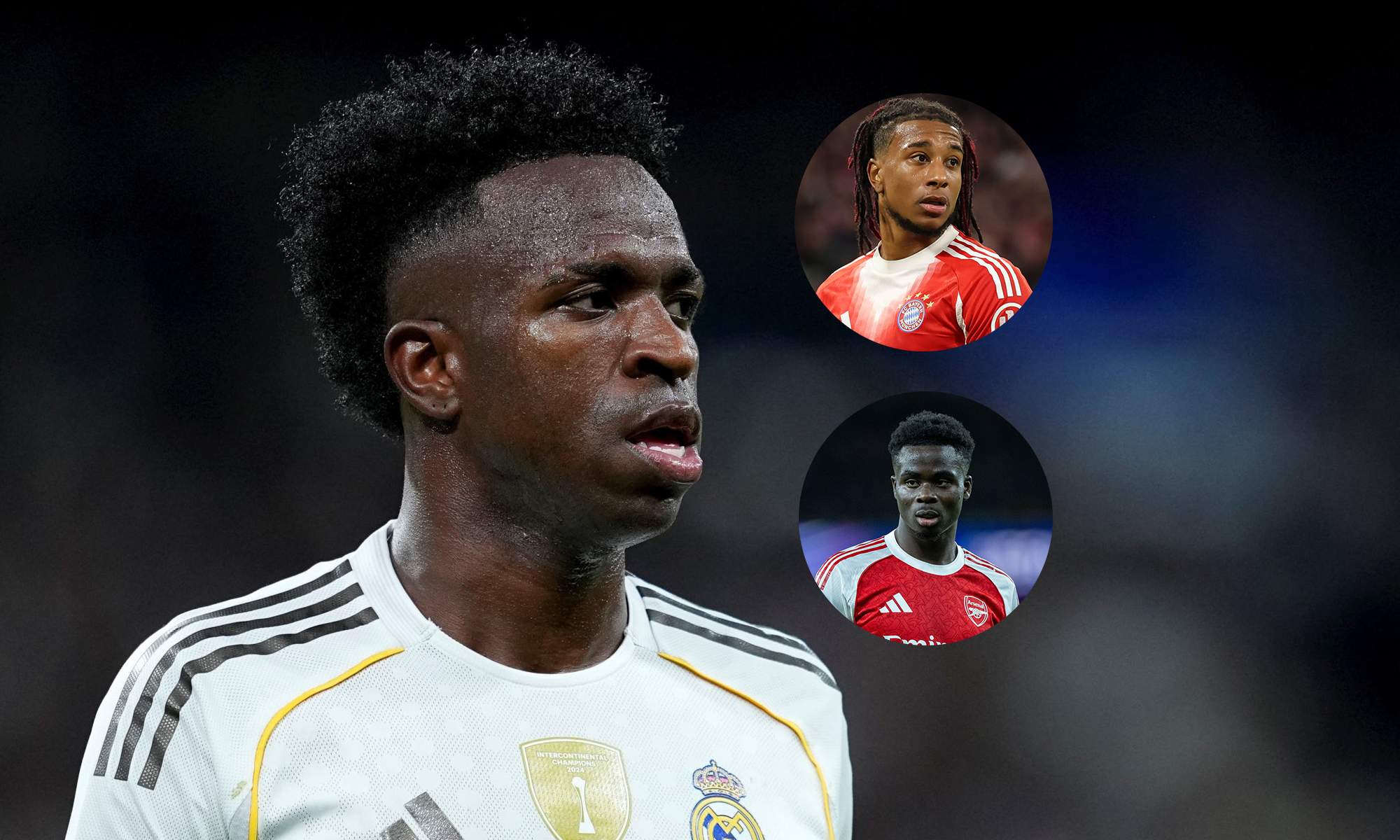 Vinícius Júnior jugando con el Real Madrid y una foto de Olise y Saka. 