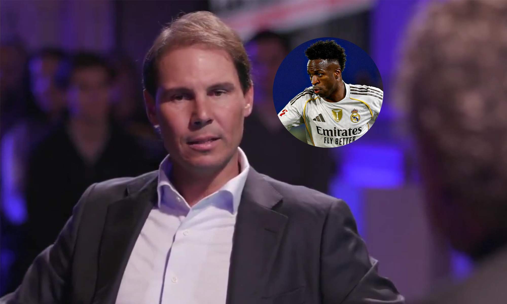 Rafa Nadal en la entrevista de Valdano y una foto de Vinícius Júnior jugando un partido.