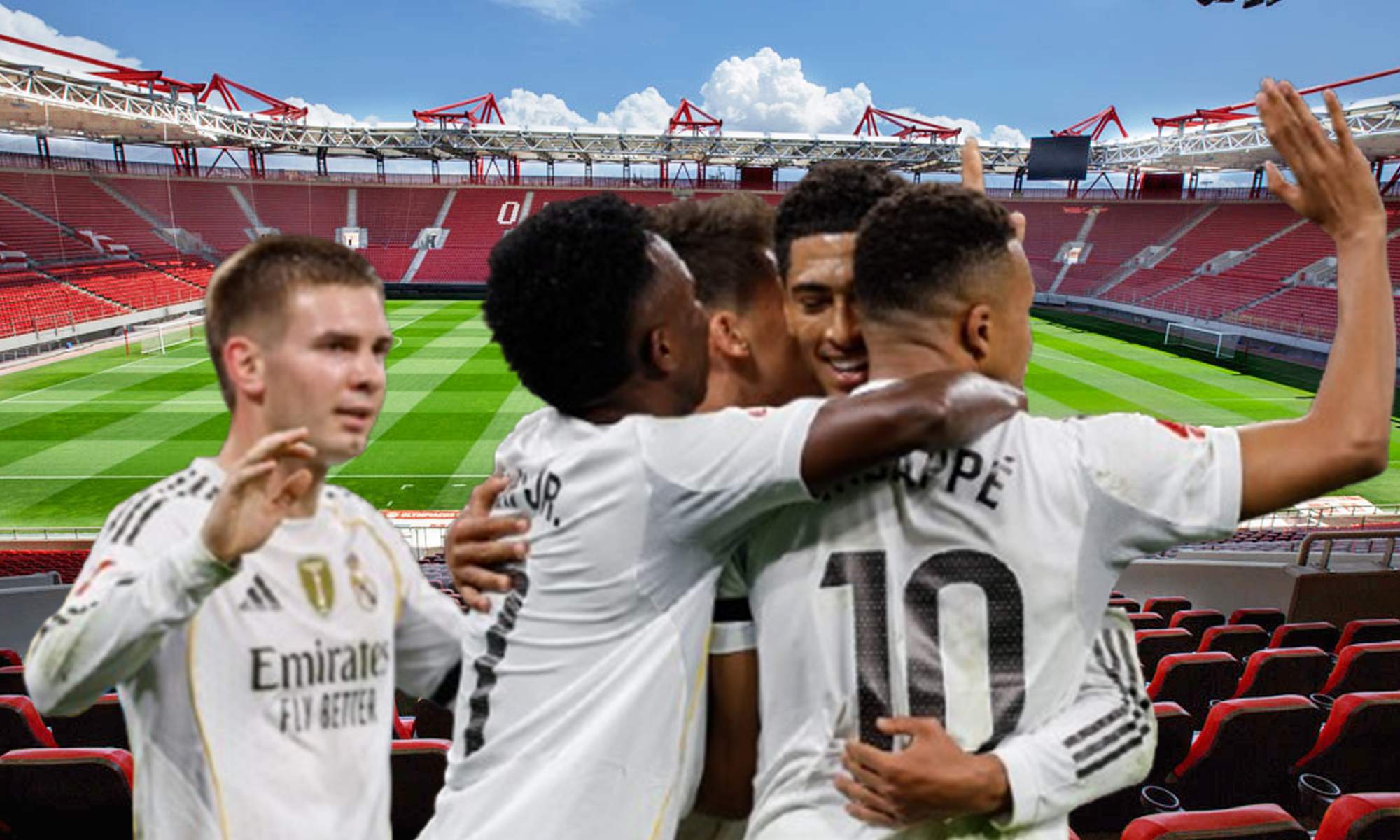 Jugadores del Real Madrid y el estadio del Olympiacos.