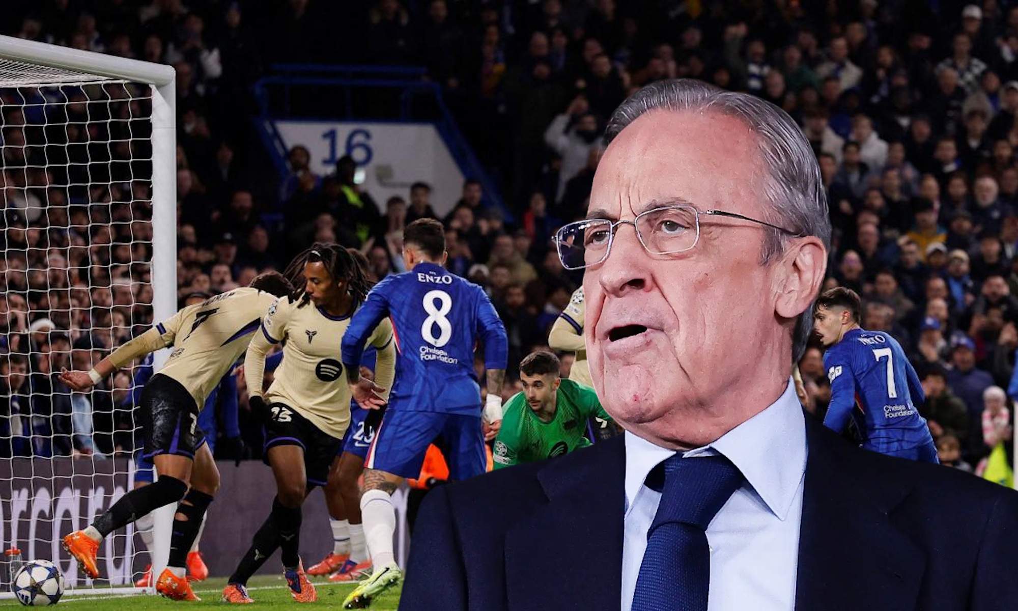 Florentino Pérez sorprendido con Enzo en el partido de ayer contra el Barça