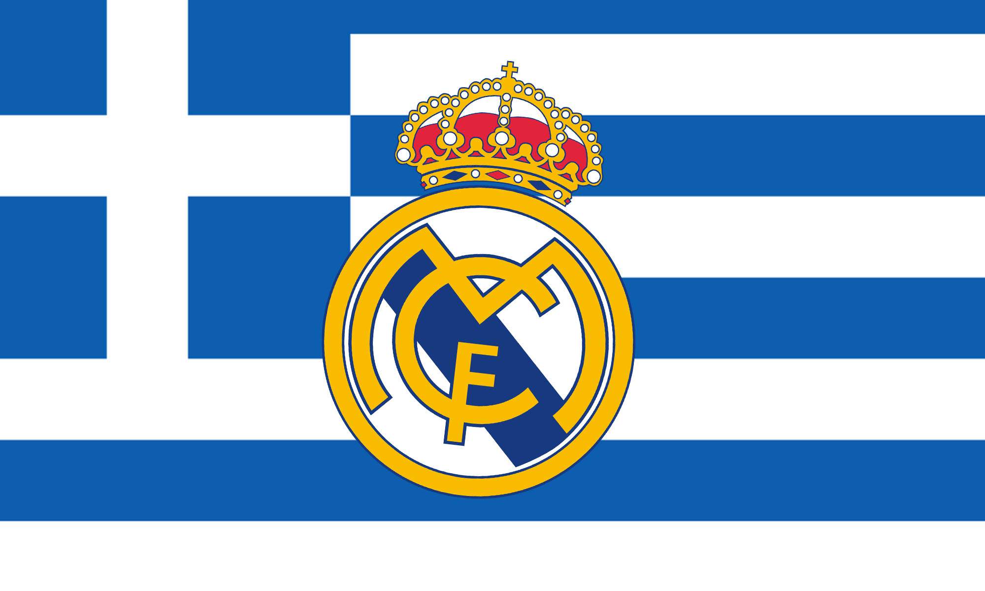 Escudo Real Madrid con bandera de Grecia de fondo