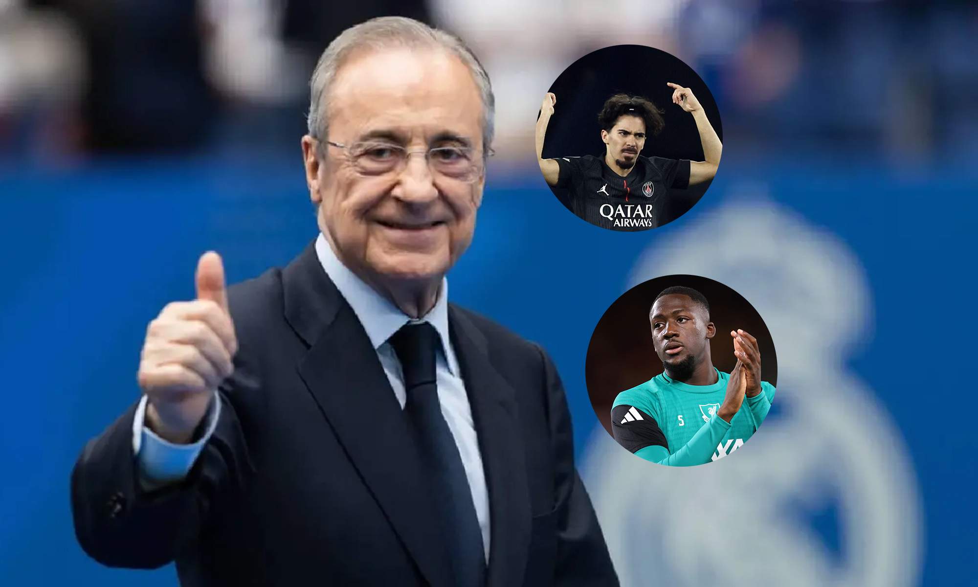 Florentino Pérez y una foto de Vitinha y Konaté. 