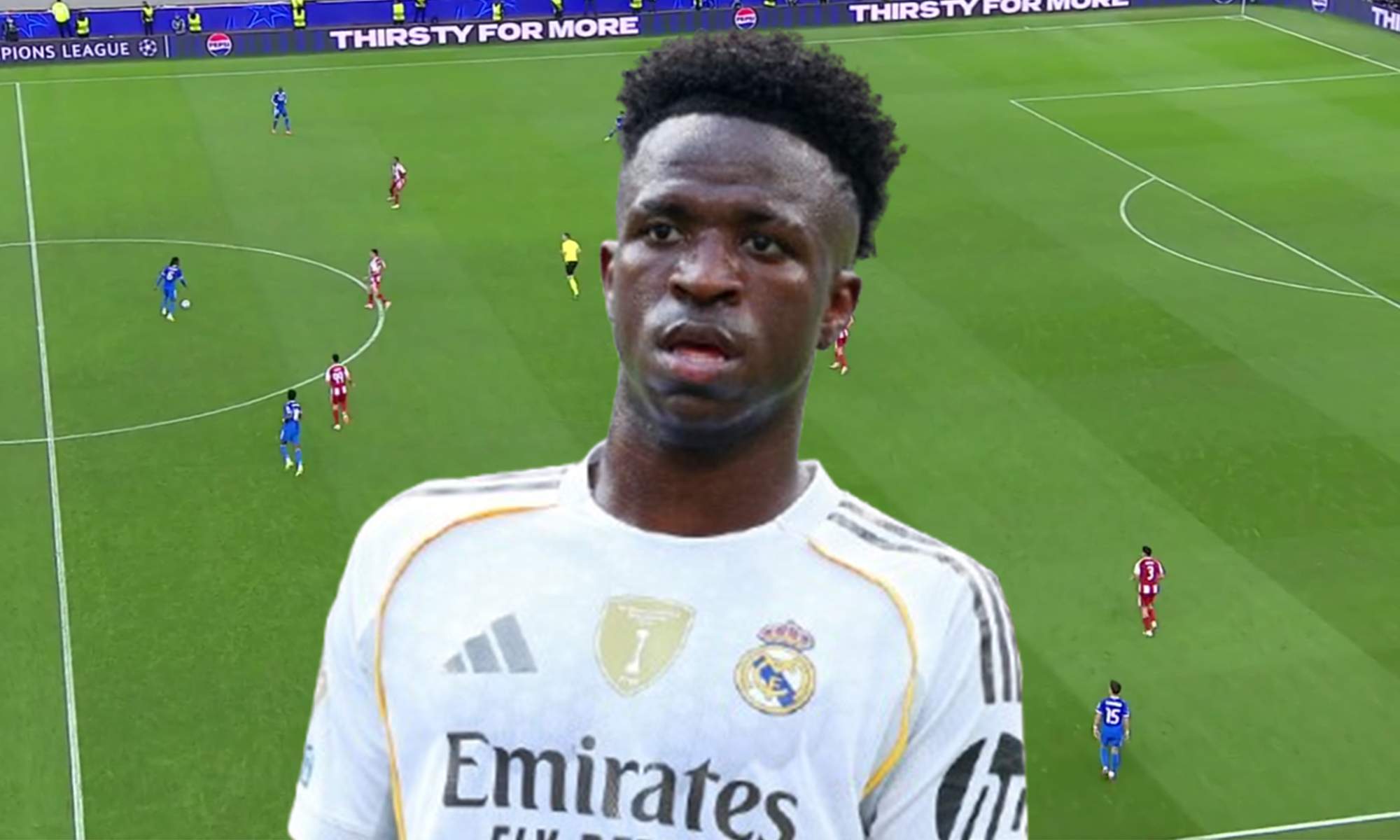 Vinícius Júnior y una captura del Olympiacos - Real Madrid. 