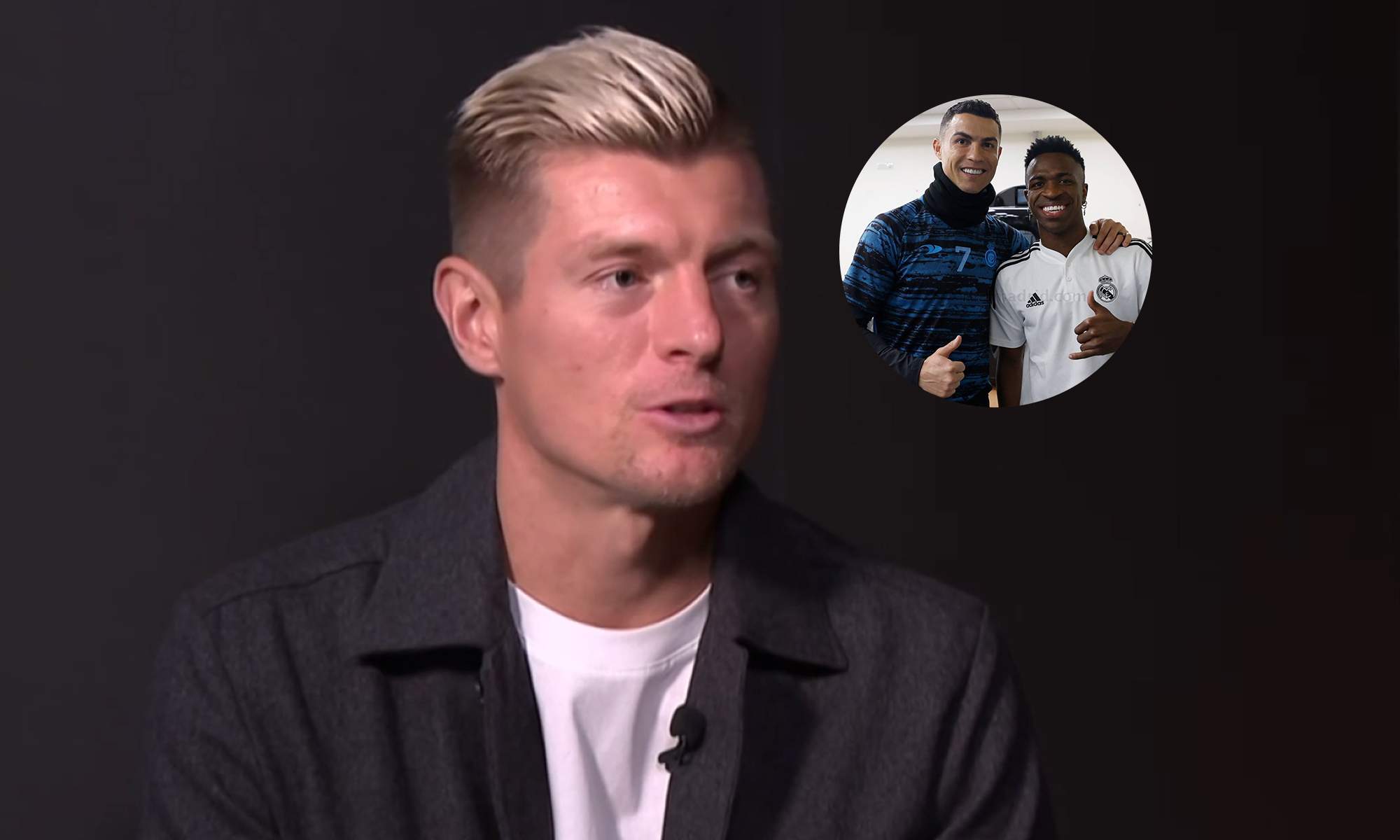 Toni Kroos en una entrevista y una foto de Vinícius Júnior y Cristiano Ronaldo. 