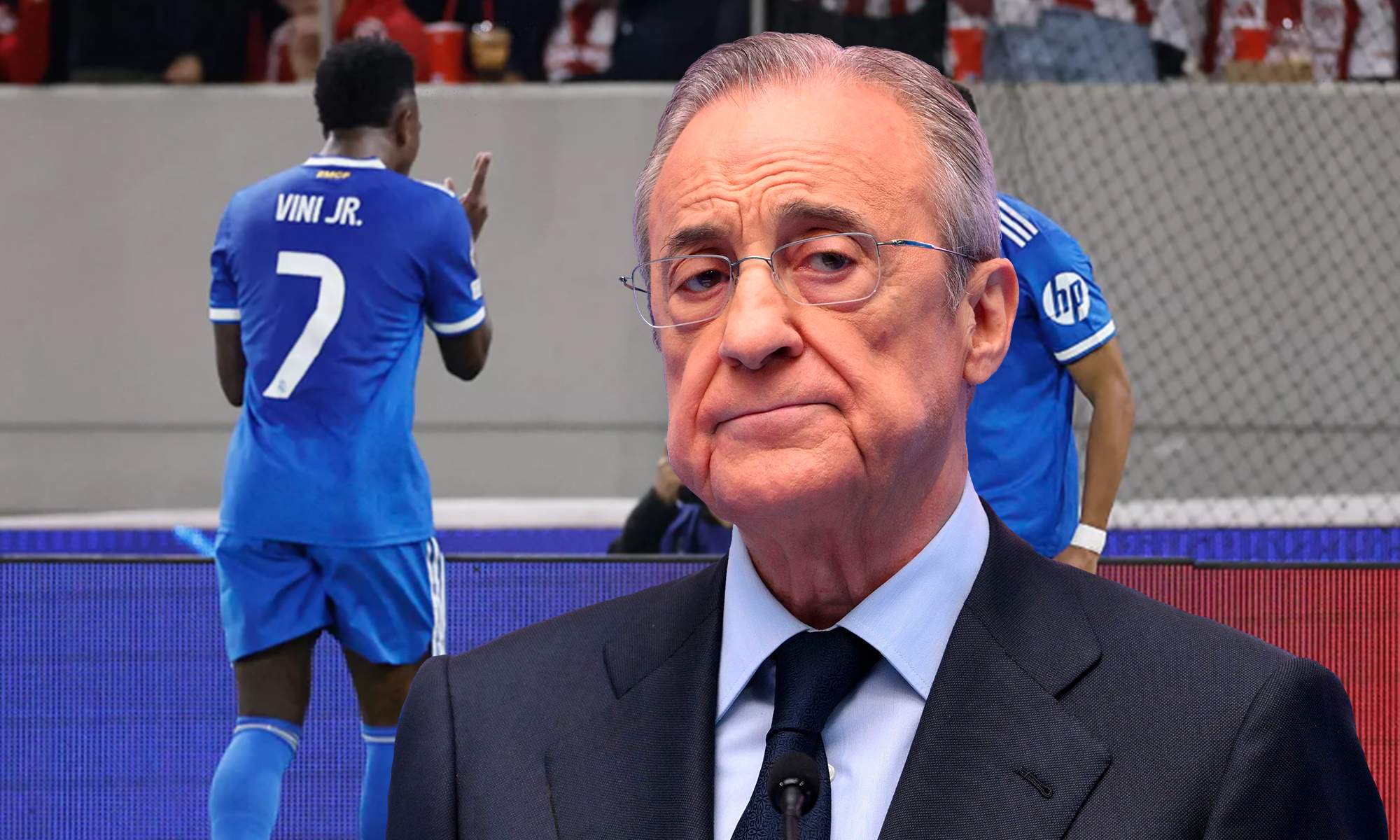 Florentino Pérez y Vinícius Júnior y Kylian Mbappé celebrando un gol. 