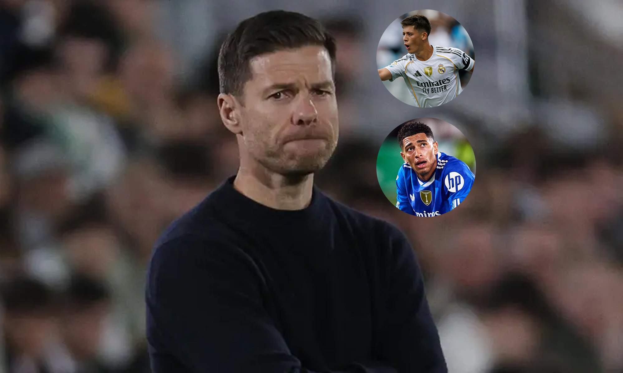 Xabi Alonso y una foto de Arda Güler y Jude Bellingham. 