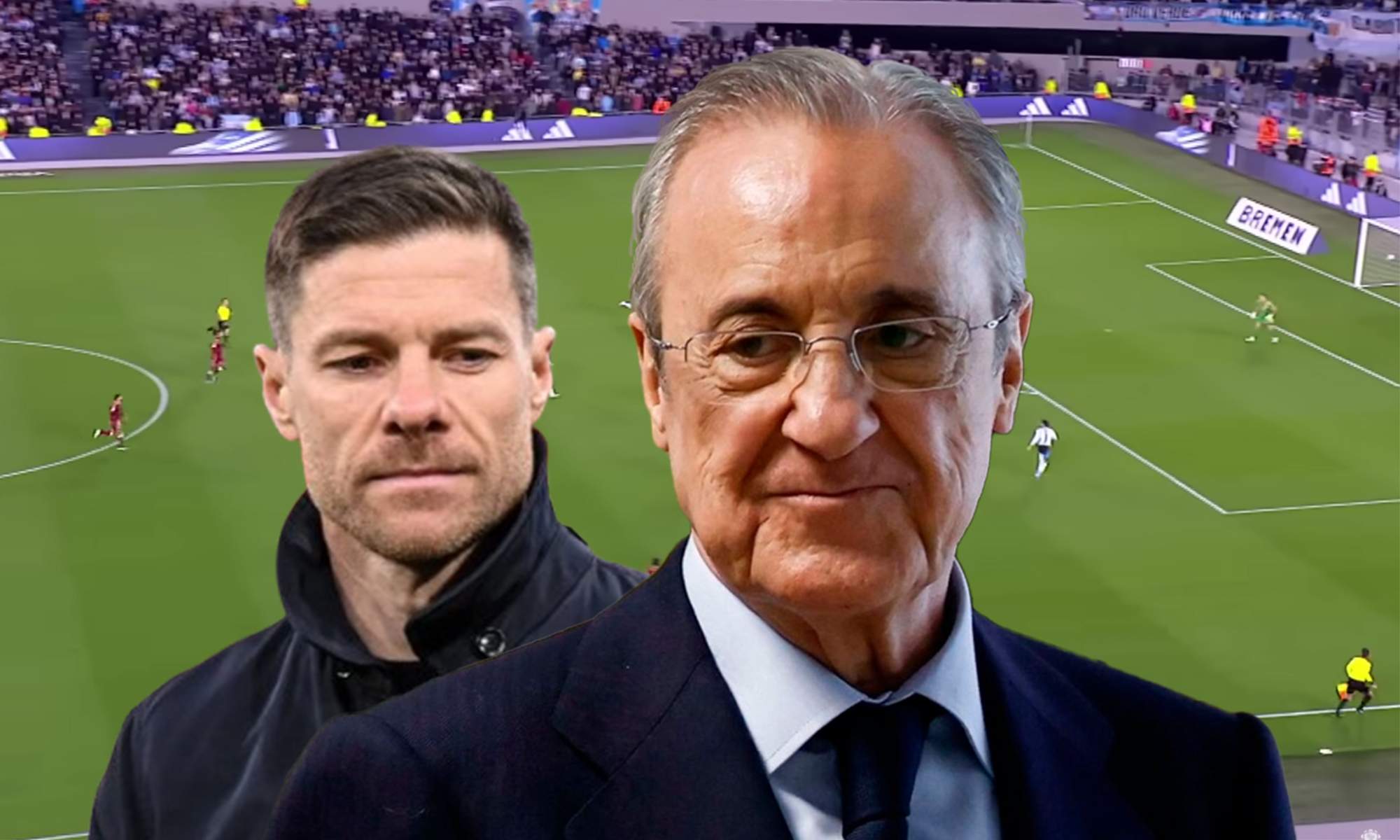 Florentino Pérez, Xabi Alonso y una captura de un partido de Argentina.