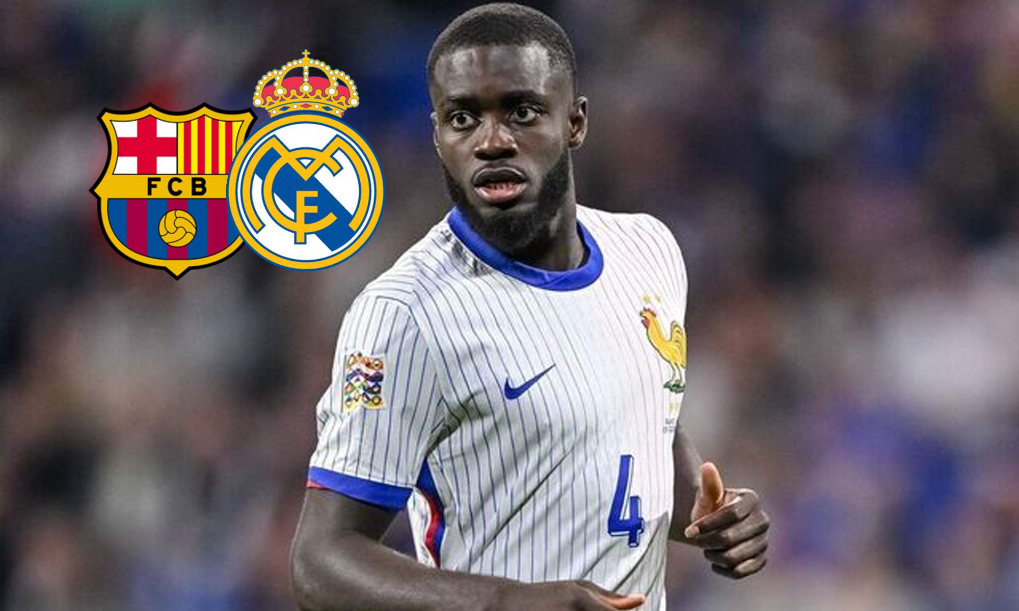 Upamecano jugando con Francia y los escudos del Real Madrid y el Barcelona. 