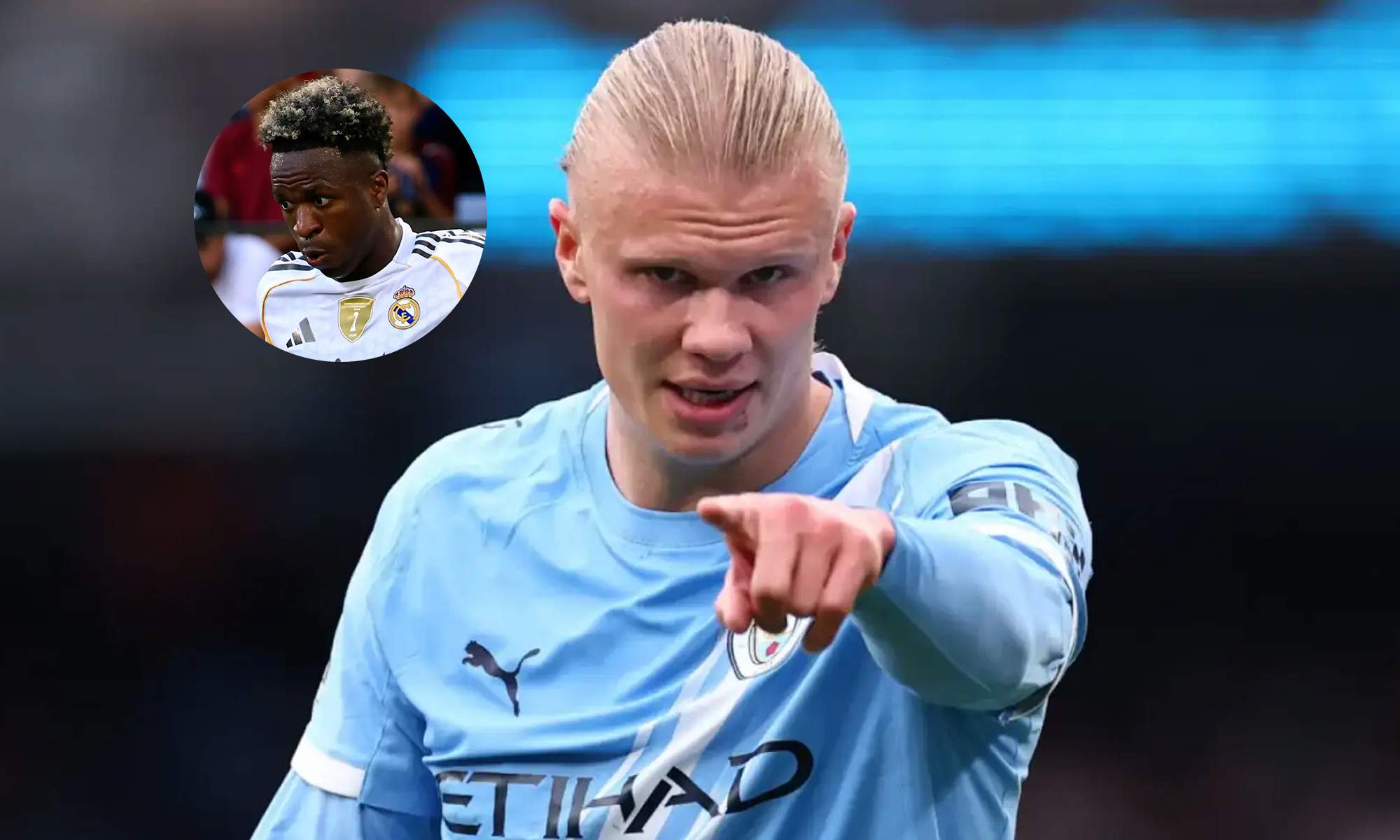 Erling Haaland durante un partido con el Manchester City y una foto de Vinícius júnior. 