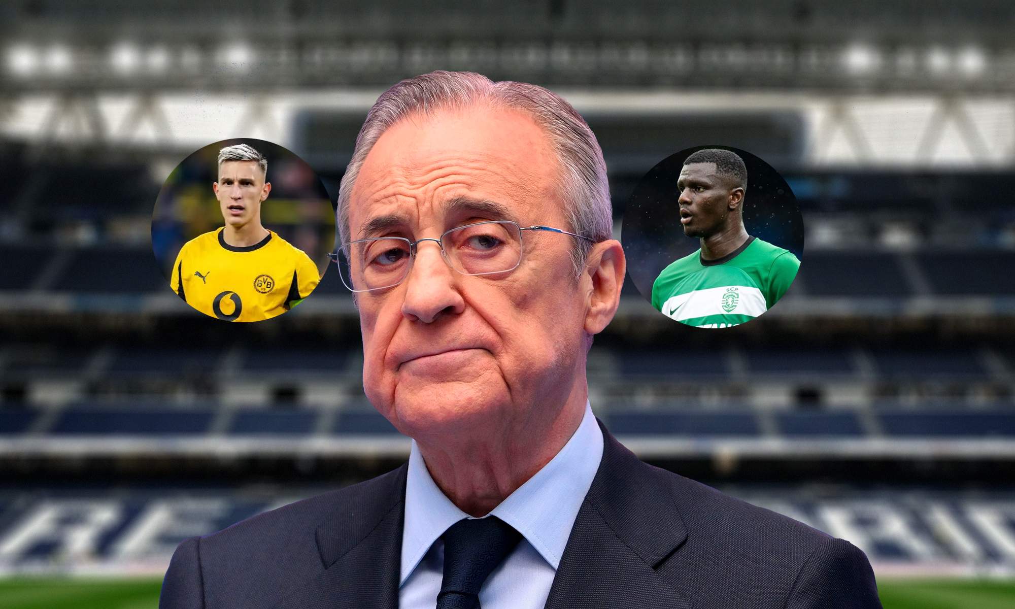 Florentino Pérez, una foto de Schlotterbeck y Diomandé, y el Santiago Bernabéu.