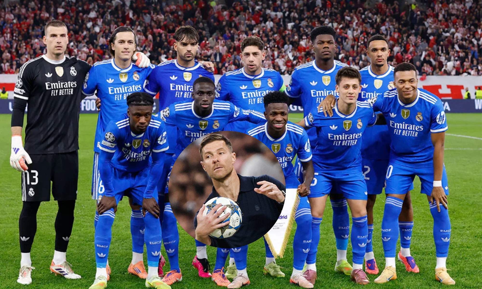 Once del Real Madrid del partido contra el Olympiacos y una foto de Xabi Alonso. 