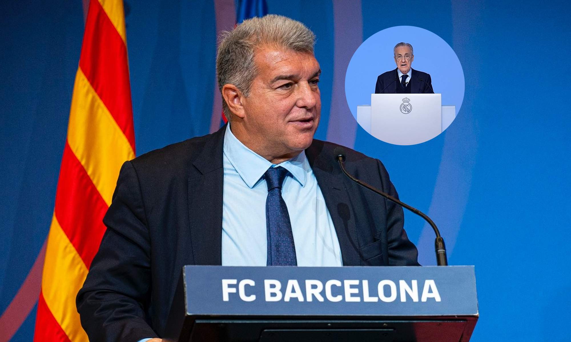 Joan Laporta y una foto de Florentino Pérez. 
