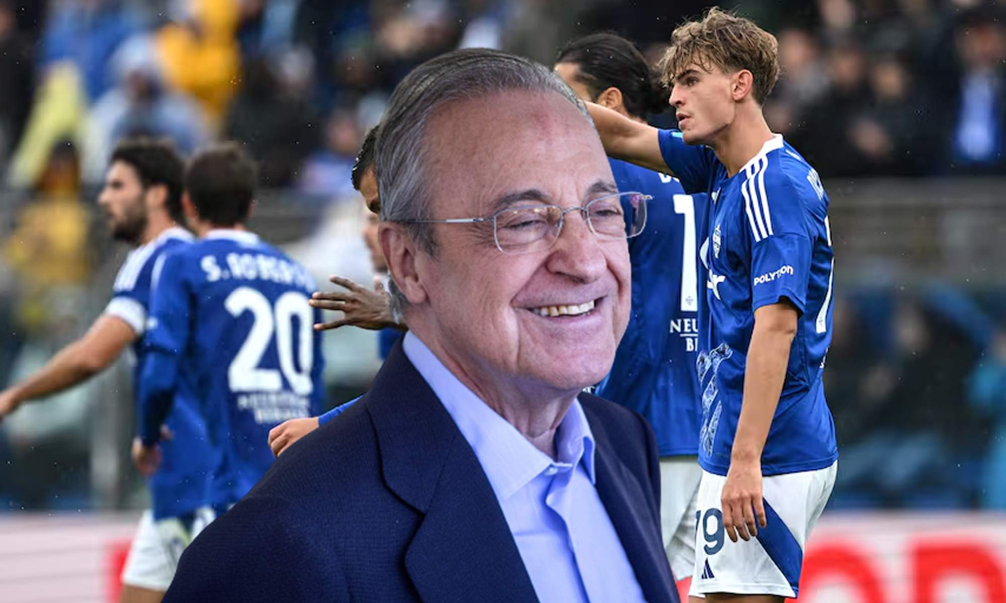 Florentino Pérez y jugadores del Como celebrando un gol. 