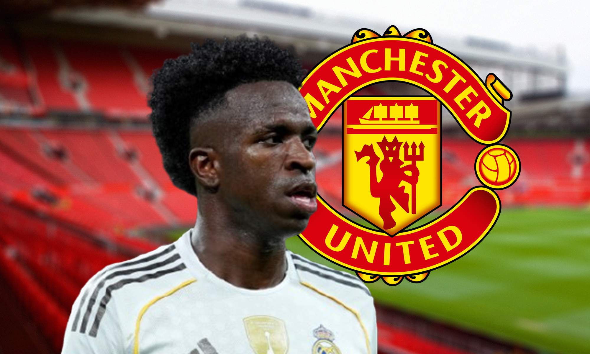 Vinícius Júnior, el escudo del Manchester United y Old Trafford. 