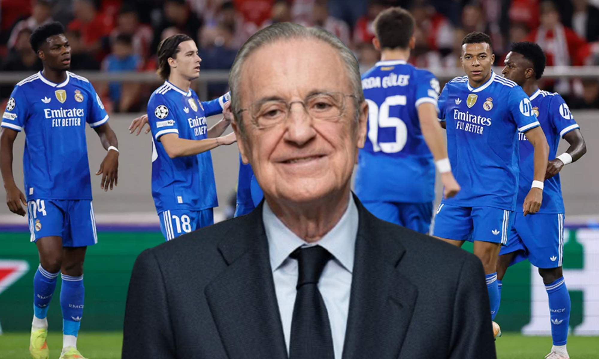 Florentino Pérez y jugadores del Real Madrid celebrando un gol. 