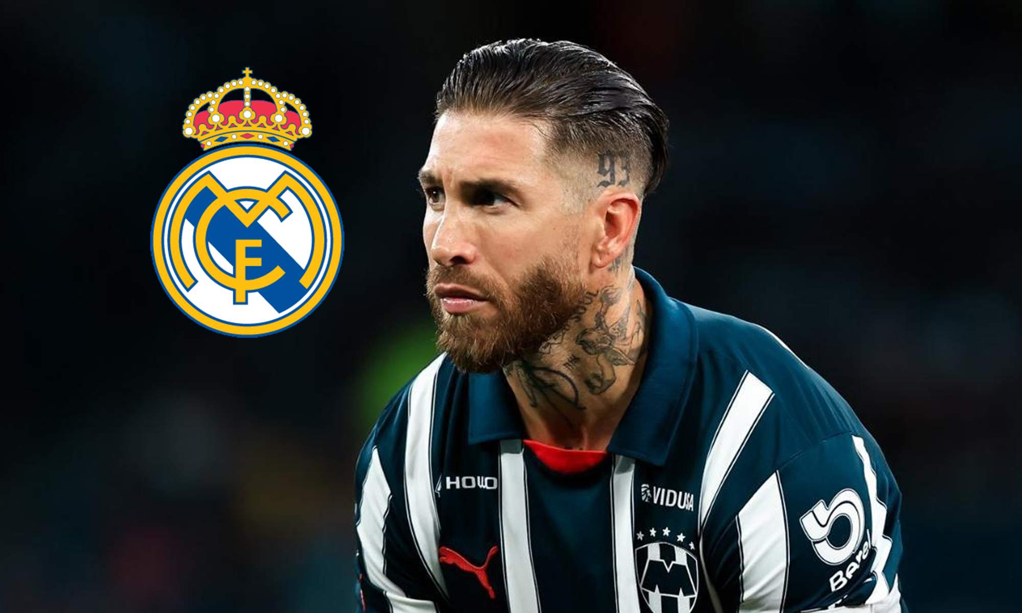 Sergio Ramos jugando un partido con Rayados y el escudo del Real Madrid. 