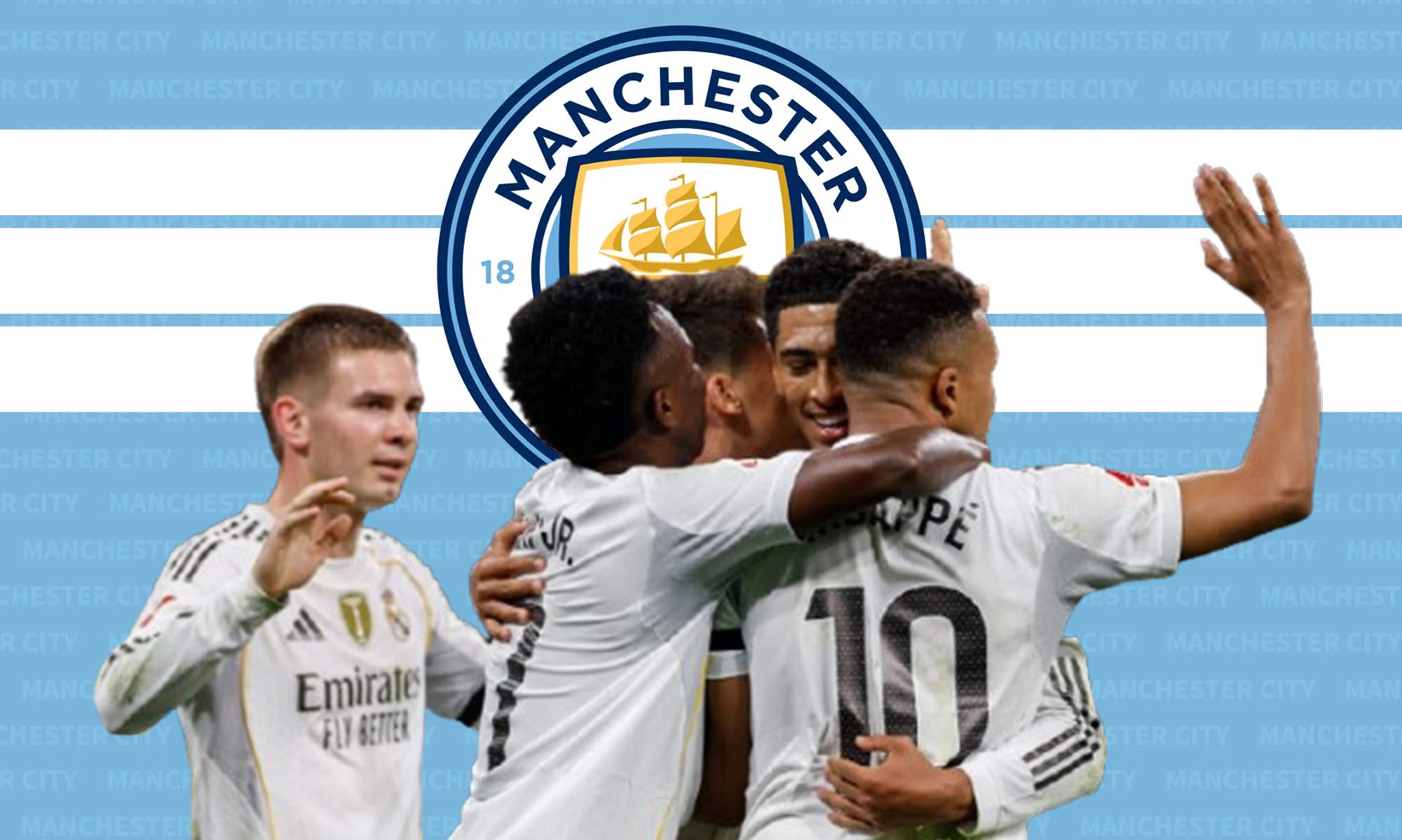Jugadores del Real Madrid y el escudo del Manchester City.