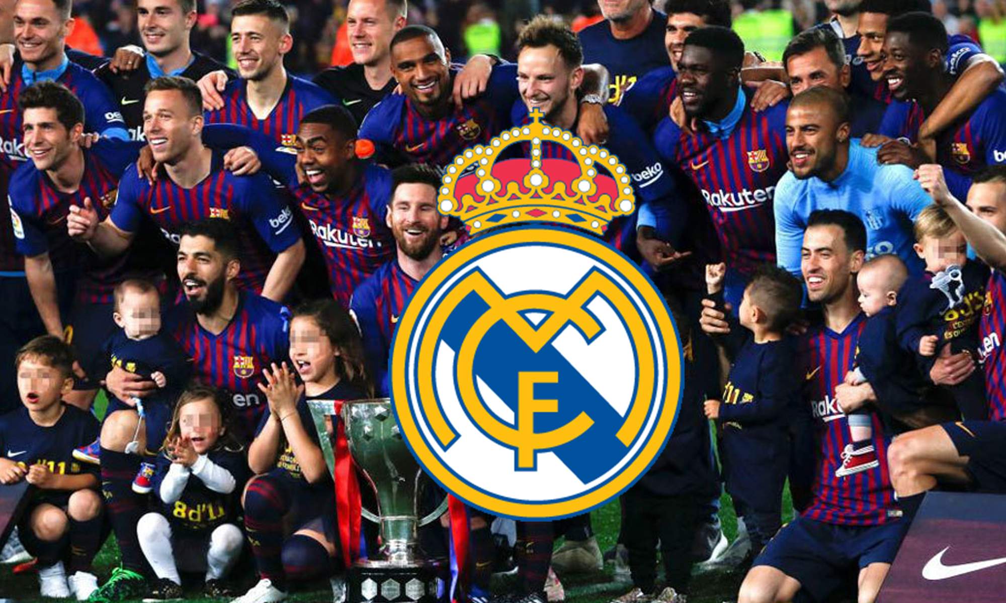 Jugadores del Barcelona celebrando el título de LaLiga en 2019 y el escudo del Madrid.