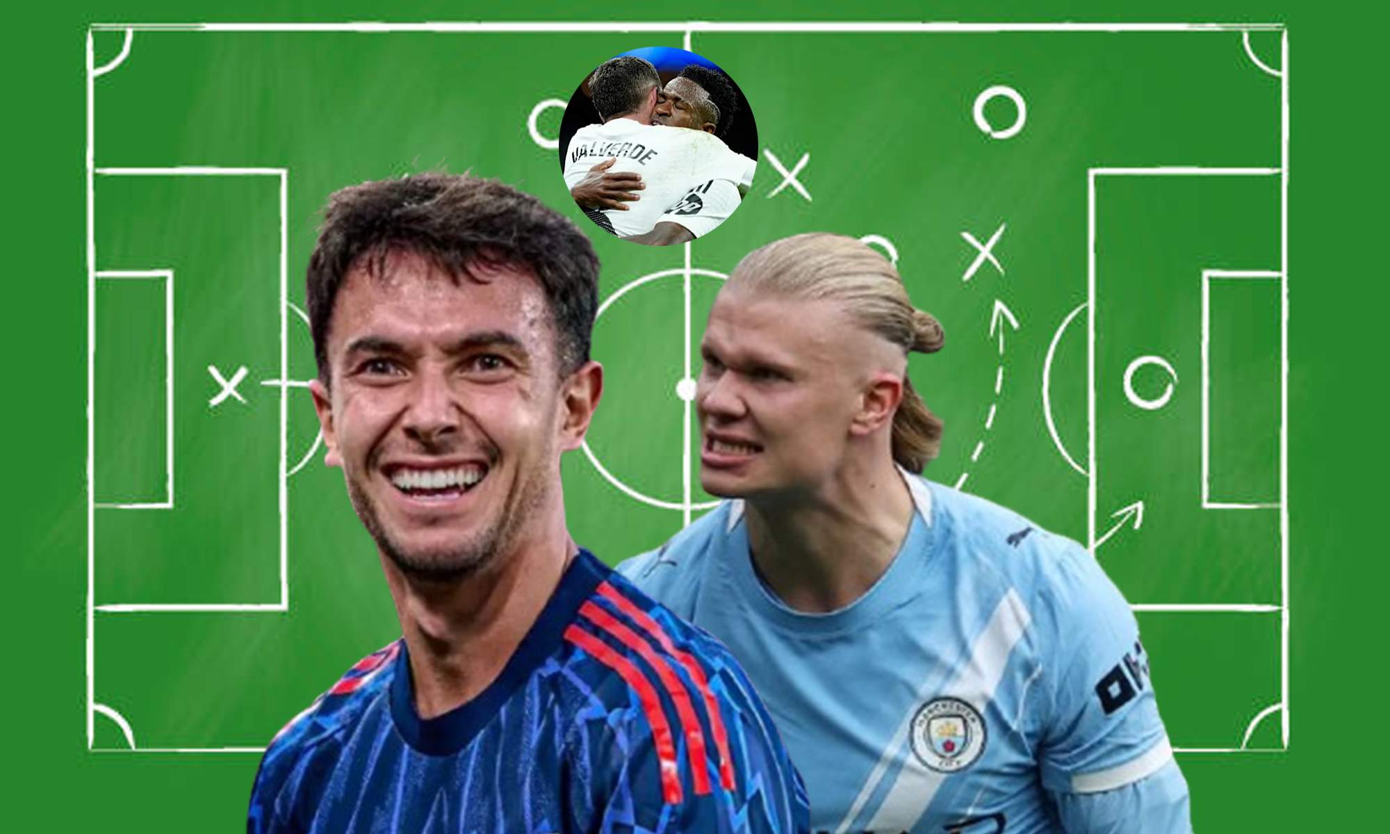 Martín Zubimendi, Erling Haaland, Vinícius Júnior, Fede Valverde y una pizarra de fútbol.