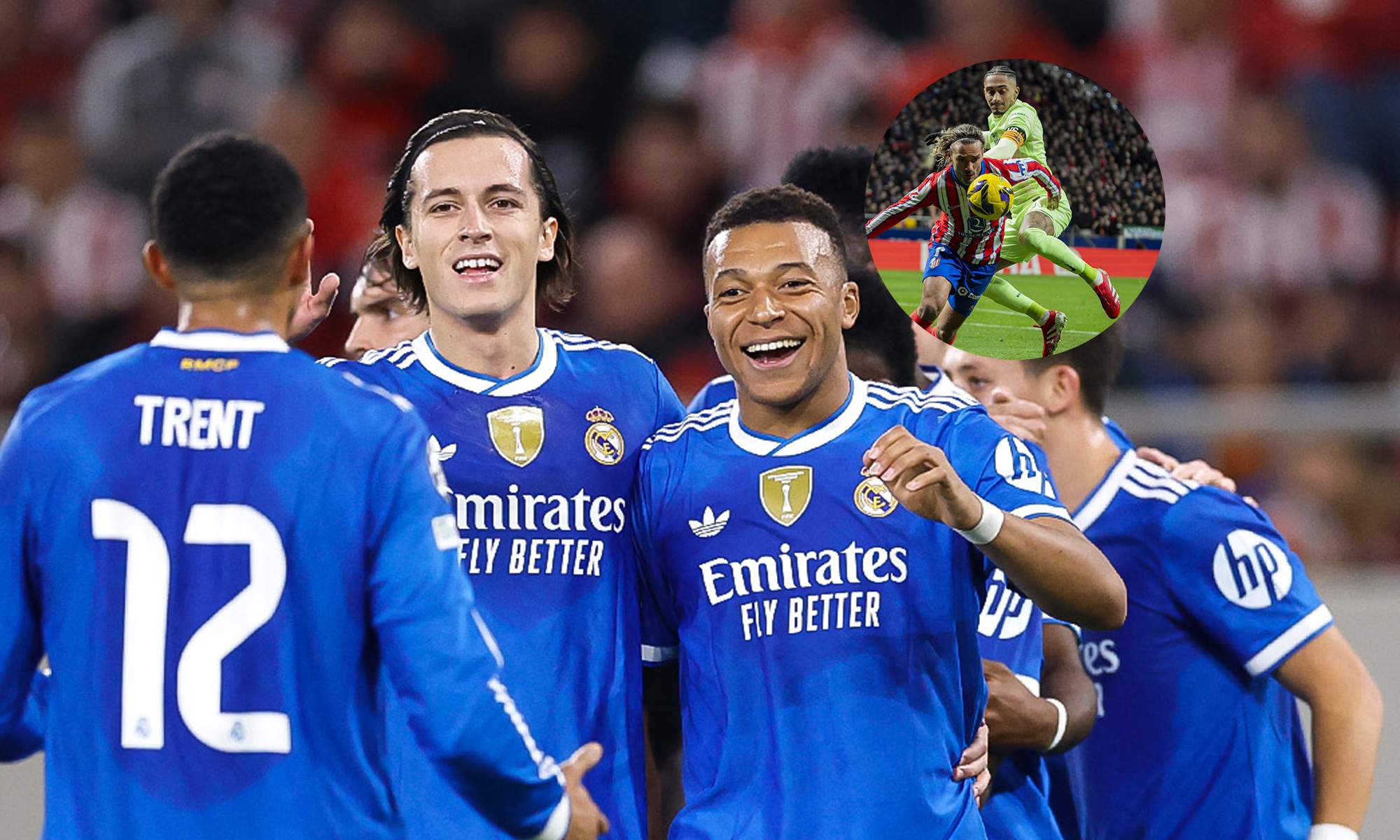 Jugadores del Real Madrid y una foto de un Atlético de Madrid - Barcelona.