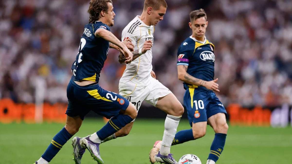 Franco Mastantuono durante el partido de esta tarde contra el Espanyol