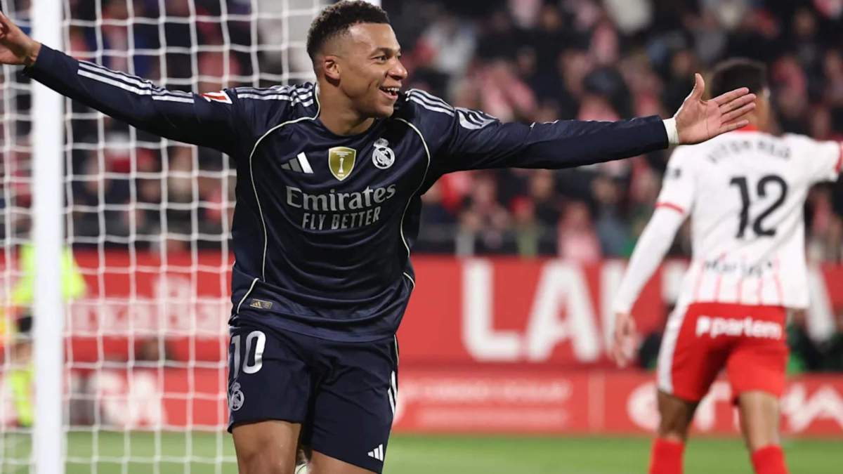 Kylian Mbappé, celebrando el gol que le marcó en Liga al Girona el pasado domingo en Montilivi. Kylian Mbappé, celebrando el gol que le marcó en Liga al Girona el pasado domingo en Montilivi.