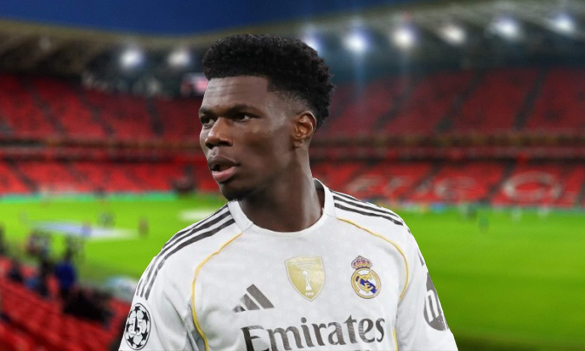 Aurélien Tchouaméni con la camiseta del Real Madrid y el estadio de San Mamés.