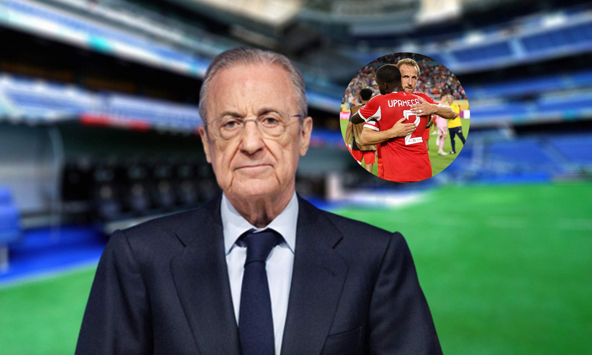 Florentino Pérez y una foto de Harry Kane y Dayot Upamecano.