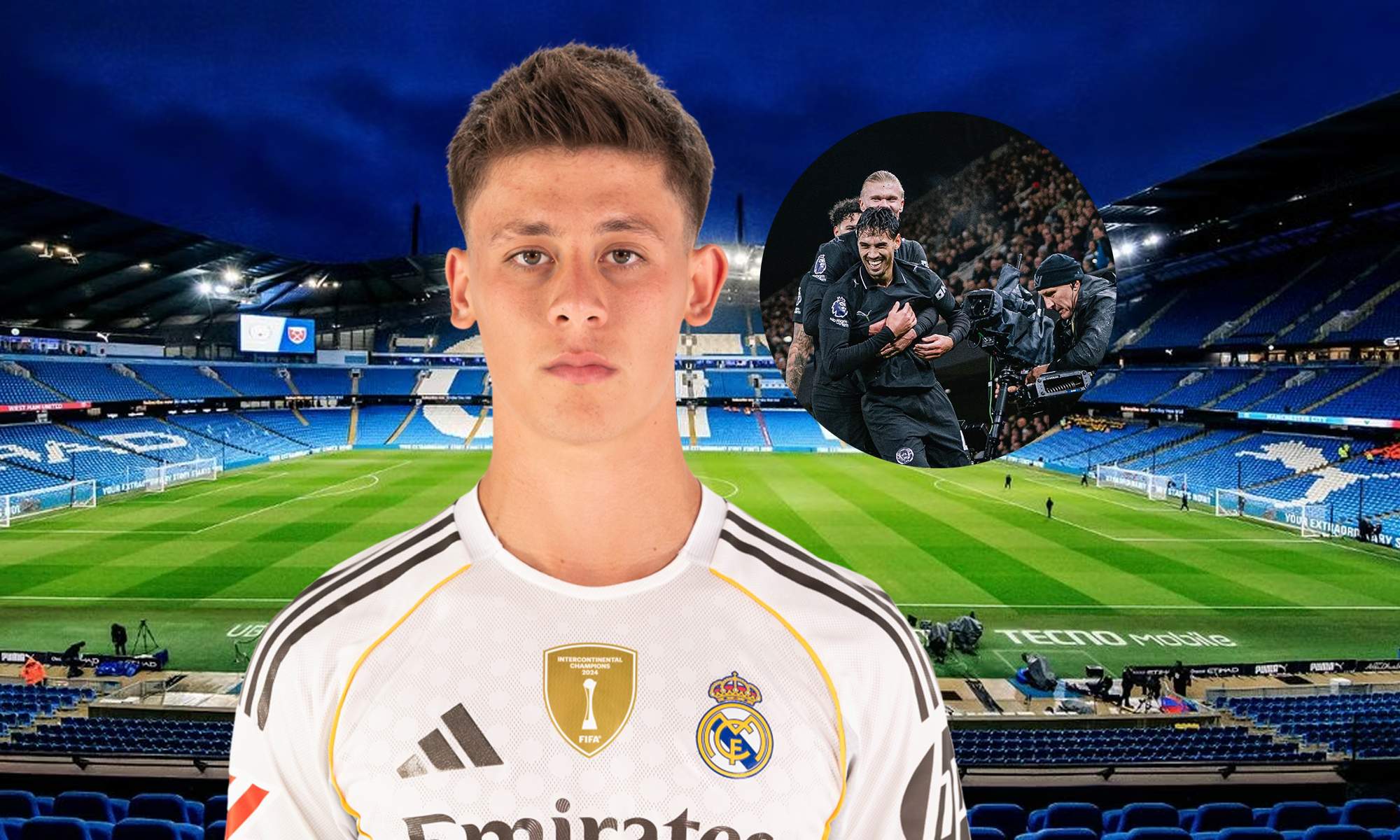 Arda Güler, jugadores del Manchester City y el Etihad Stadium. 