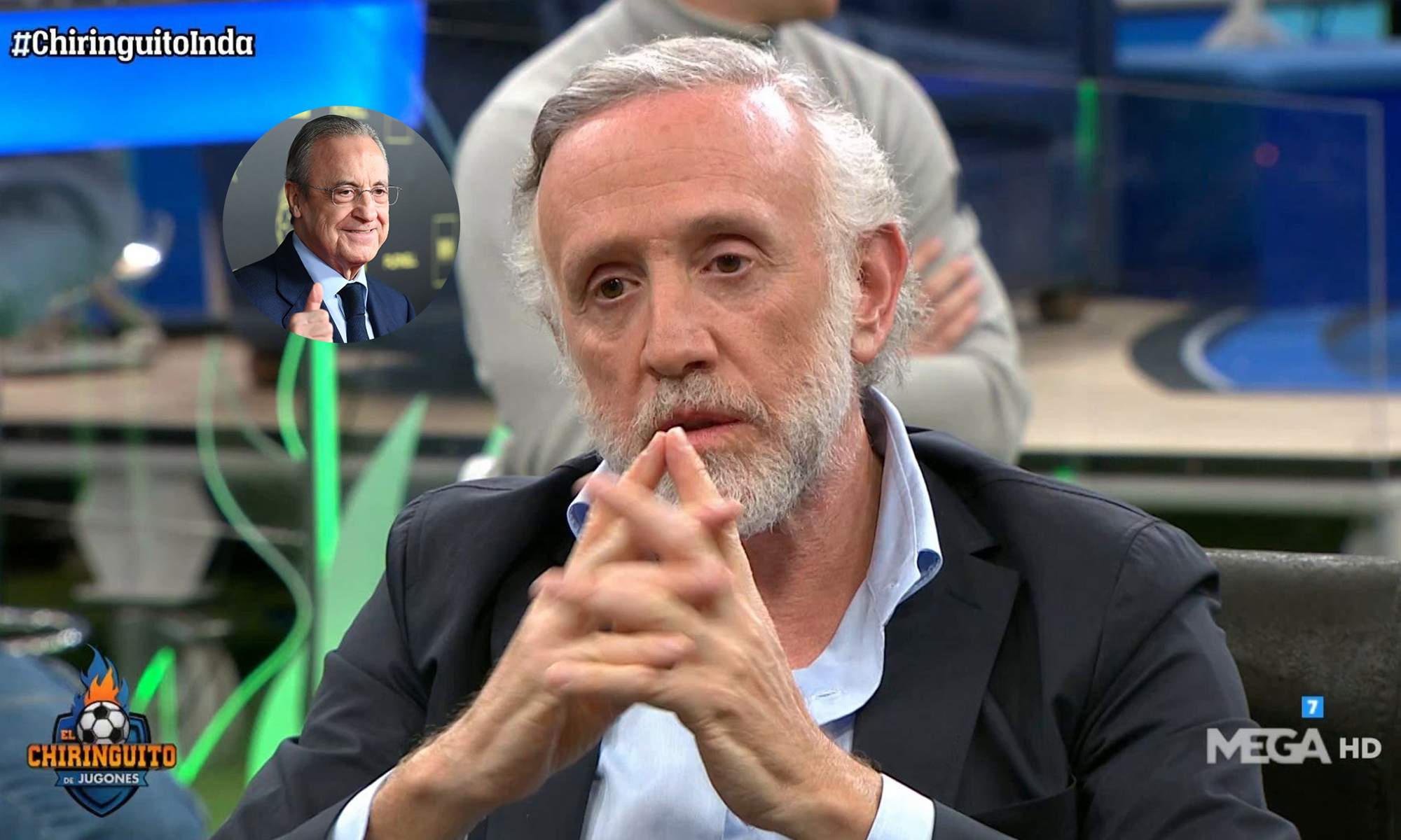 Eduardo Inda en El Chiringuito y una foto de Florentino Pérez.