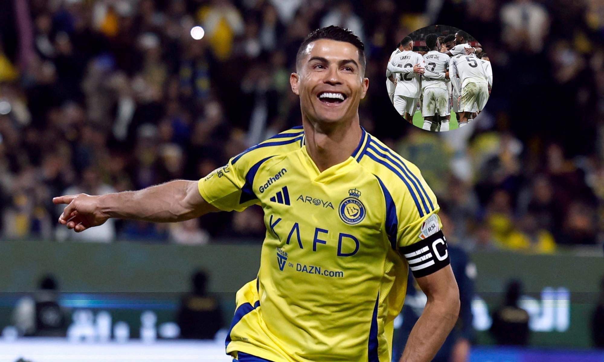Cristiano Ronaldo celebrando un partido con Al Nassr y una foto de los jugadores del Real Madrid.