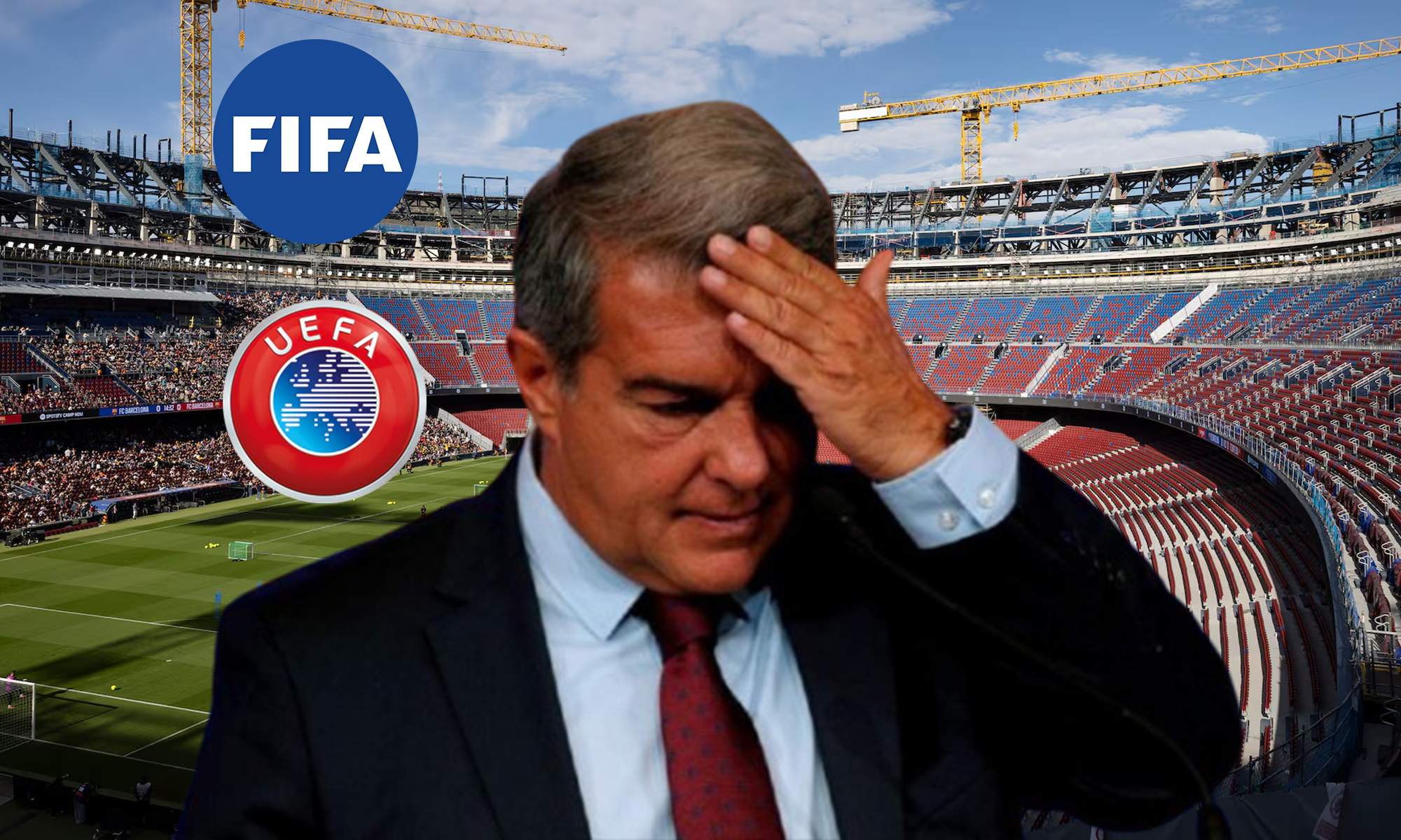 Joan Laporta cabizbajo y los logos de la FIFA y la UEFA.