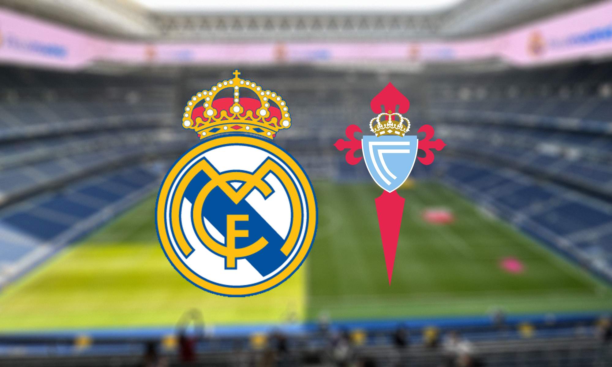 Los escudos del Real Madrid y el Celta de Vigo, y el Santiago Bernabéu de fondo.