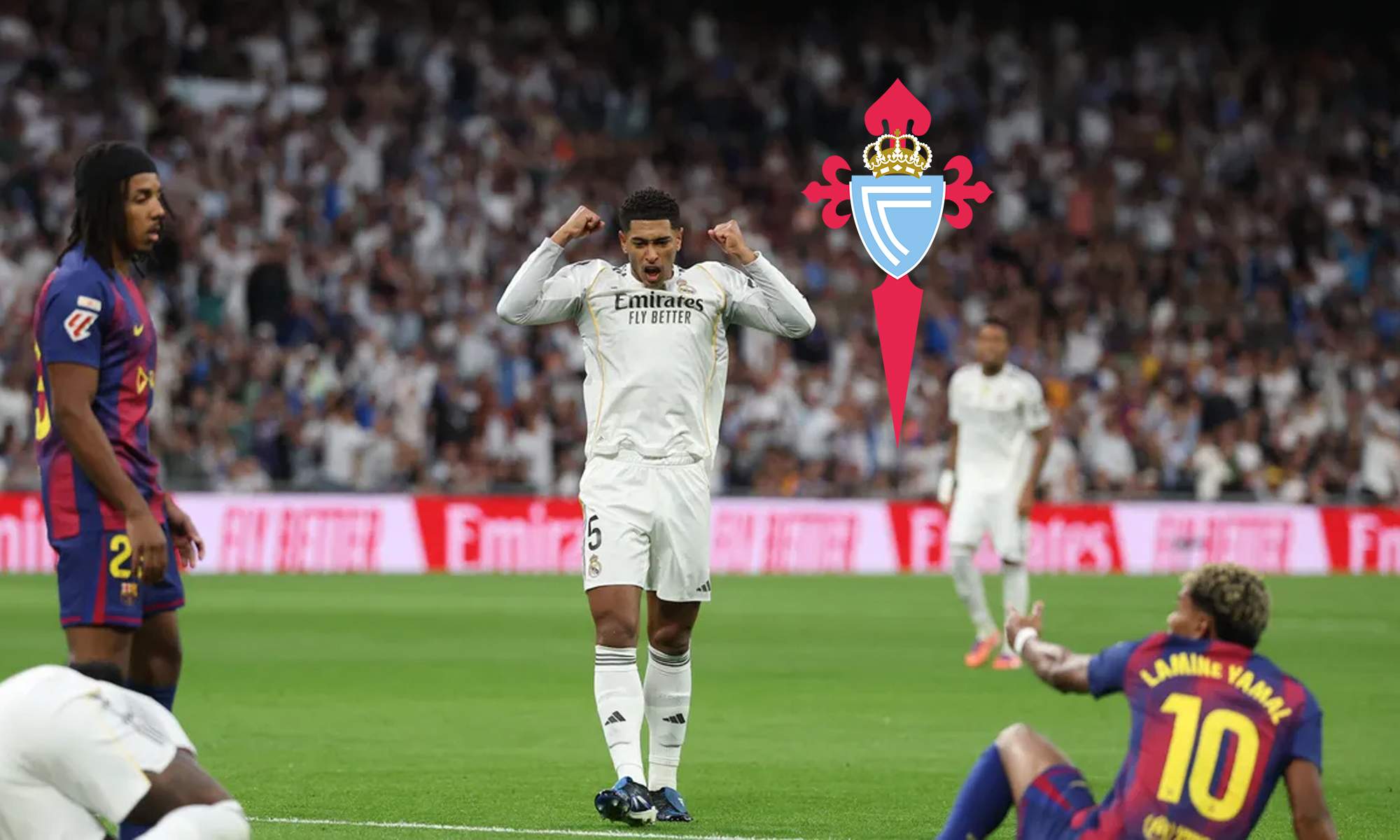 Jude Bellingham en el Clásico de esta temporada y el escudo del Celta de Vigo. 