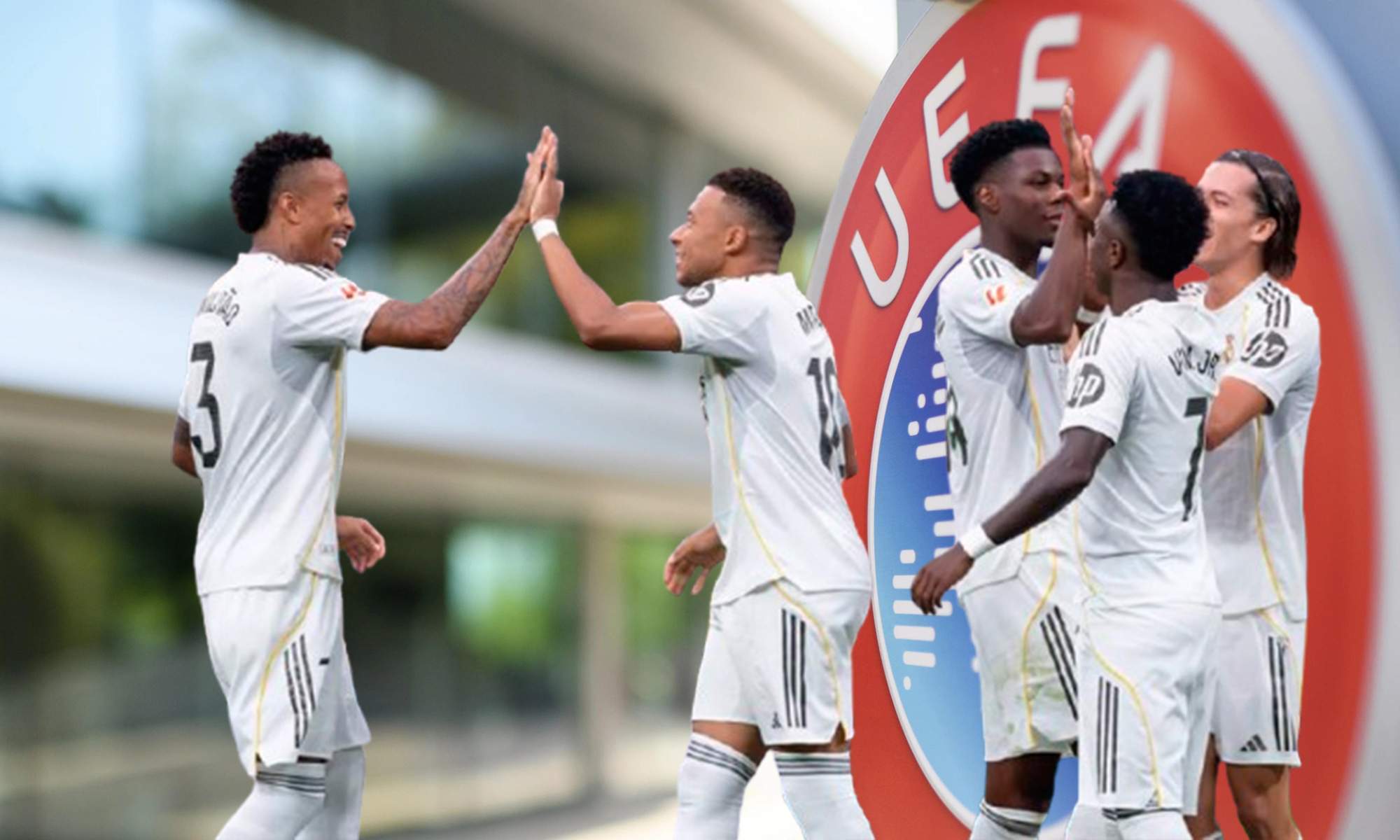 Escudo UEFA y jugadores Real Madrid