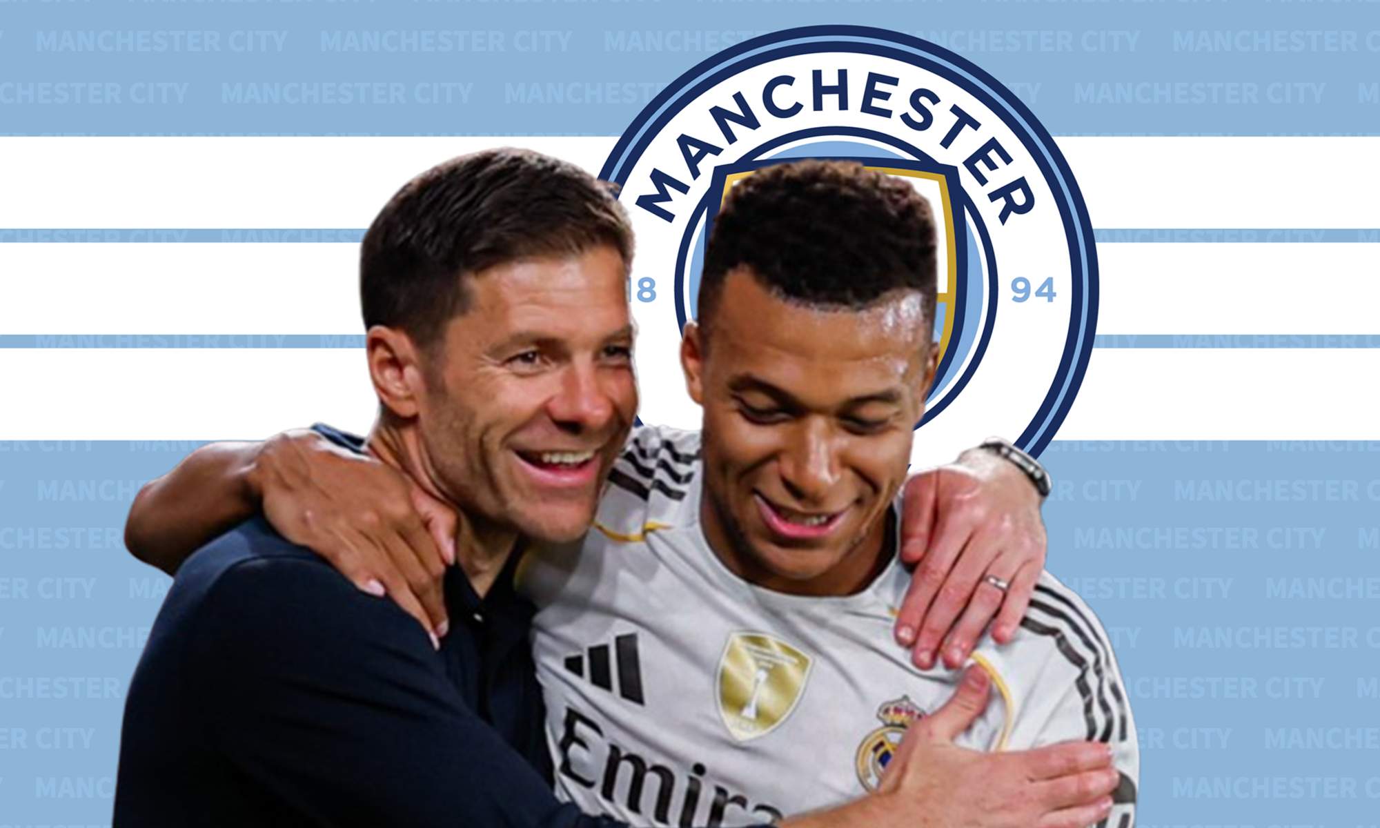 Xabi Alonso, Kylian Mbappé y el escudo del Manchester City. 
