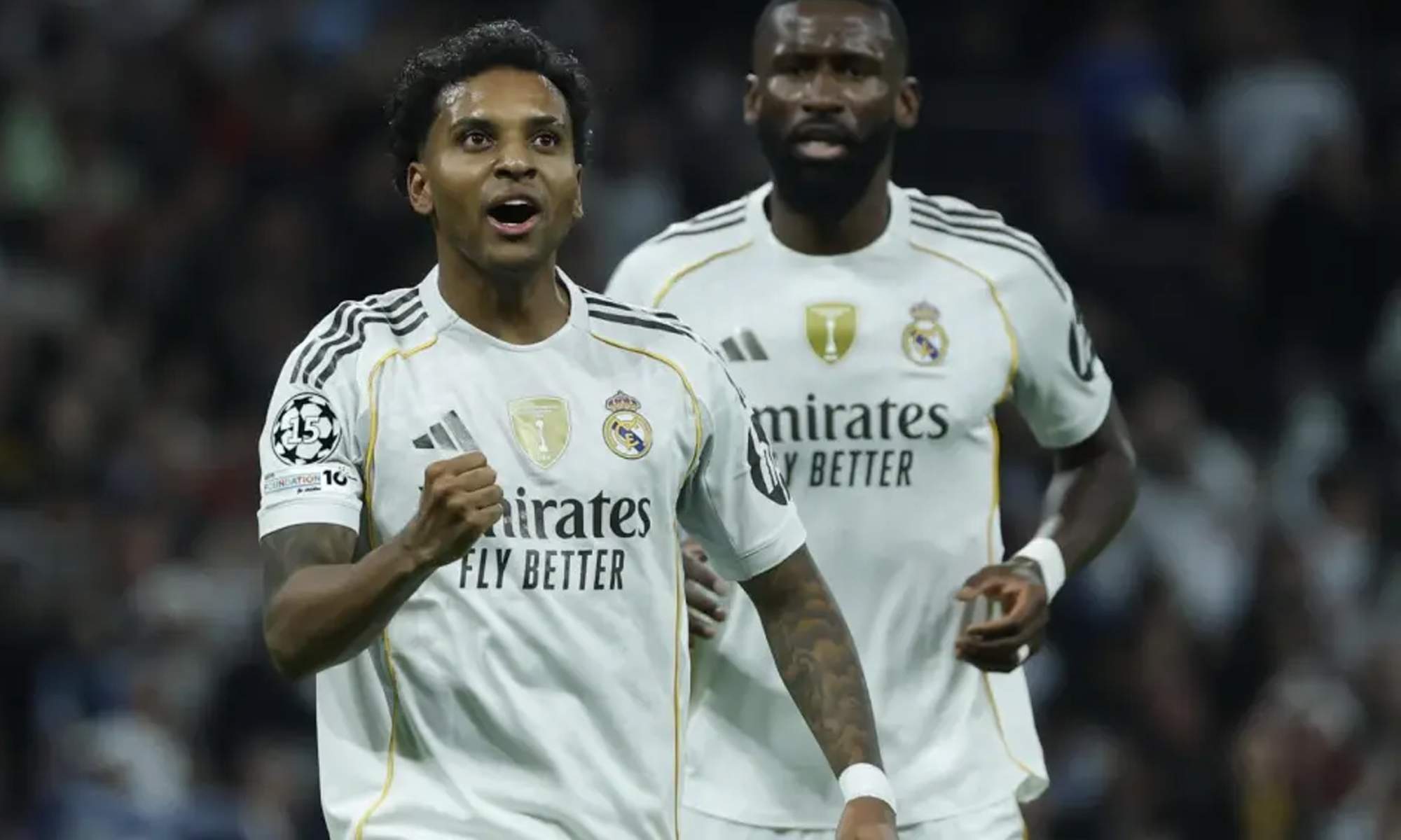 Rodrygo Goes celebrando su gol contra el Manchester City. 