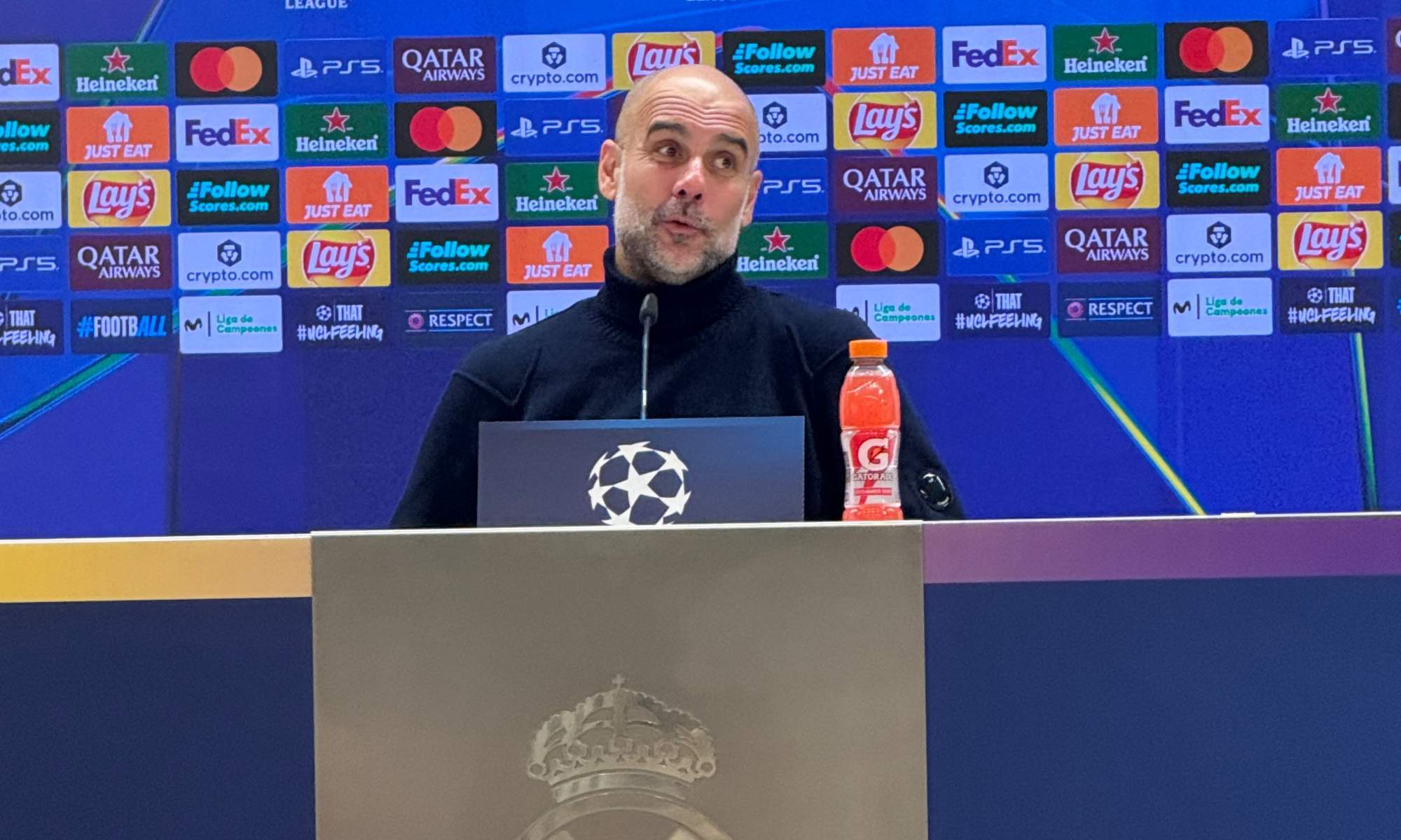 Pep Guardiola, en la rueda de prensa de esta noche en el Santiago Bernabéu.