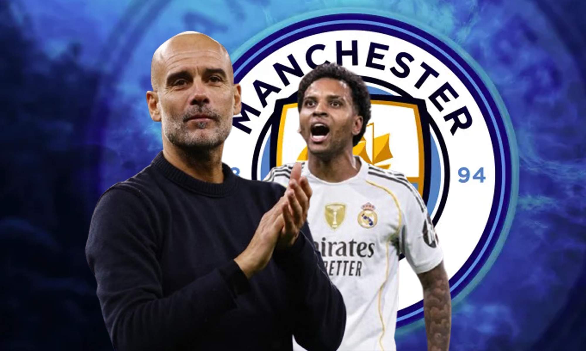 Pep Guardiola, Rodrygo Goes y el escudo del Manchester City.
