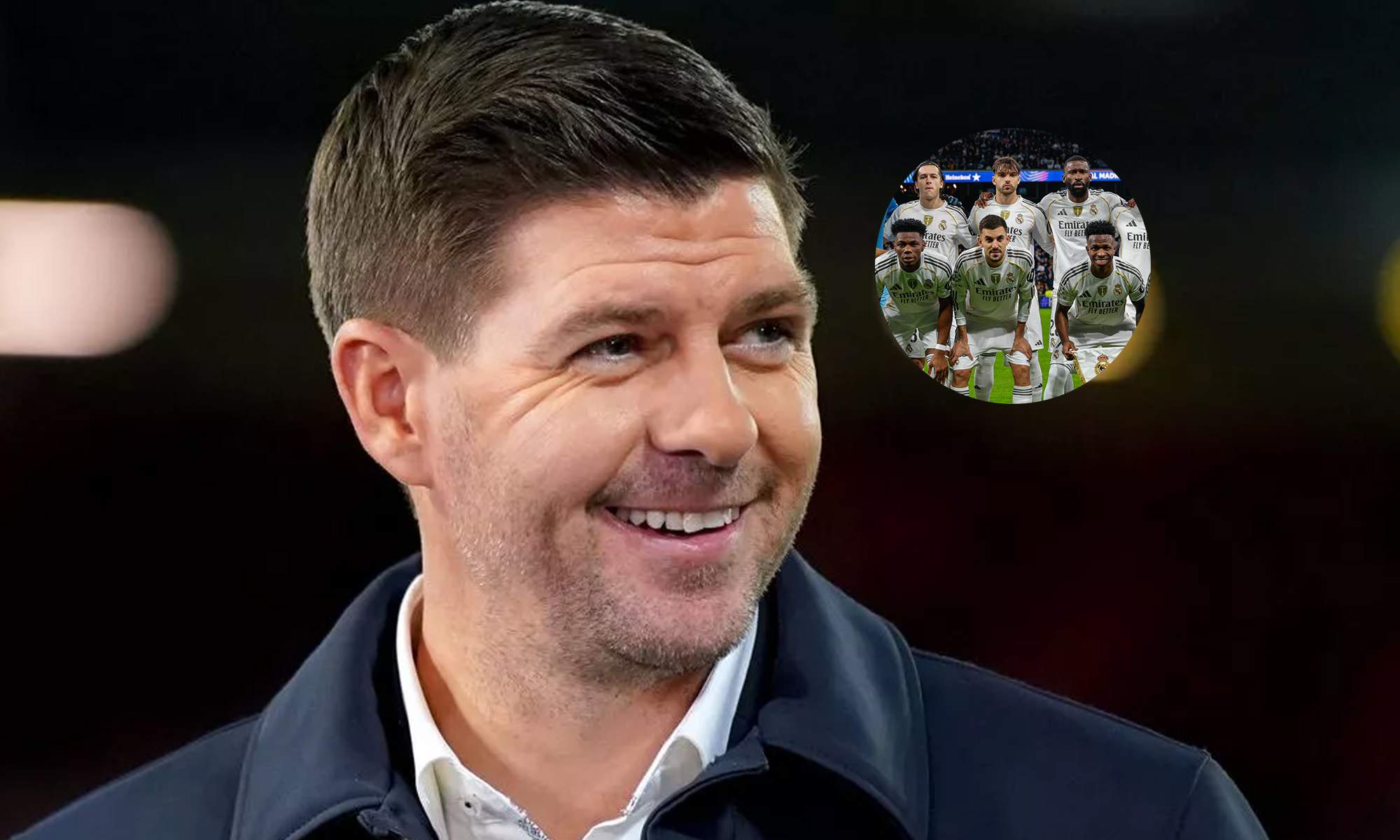 Steven Gerrard y una foto del once del Real Madrid contra el Manchester City.