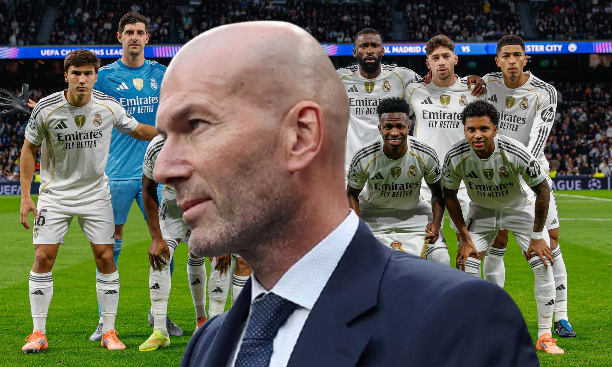 Zinedine Zidane y un once del Real Madrid. 