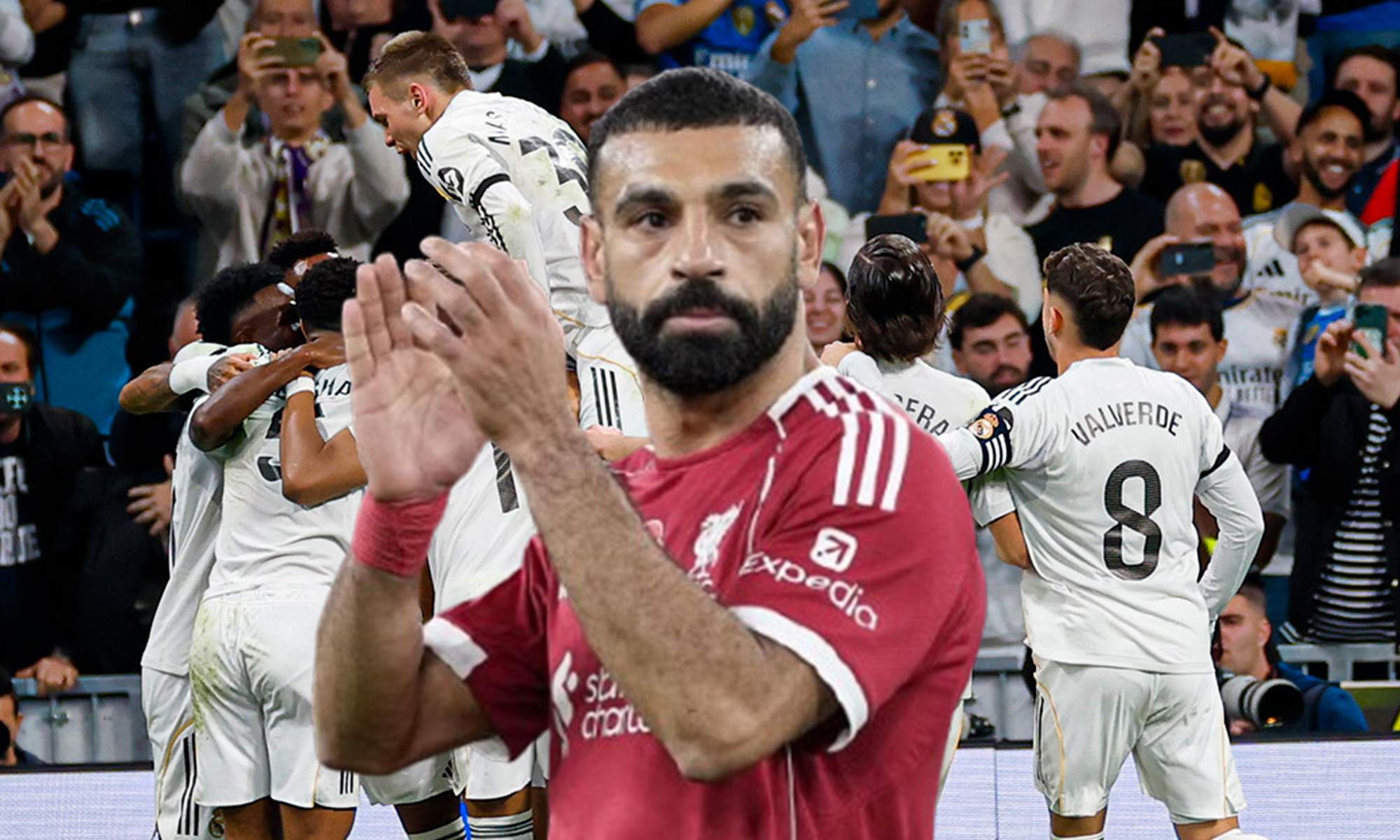 Mohamed Sala y jugadores del Real Madrid celebrando un gol. 