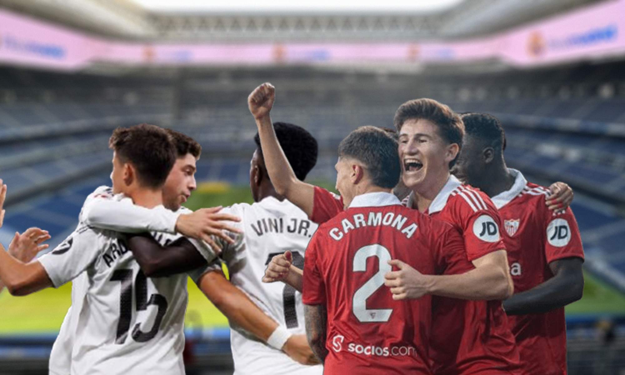 Jugadores del Real Madrid y del Sevilla, y el Santiago Bernabéu.