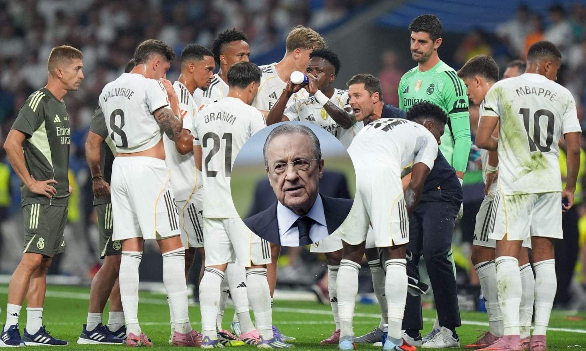 Xabi Alonso, jugadores del Real Madrid y una foto de Florentino Pérez. 