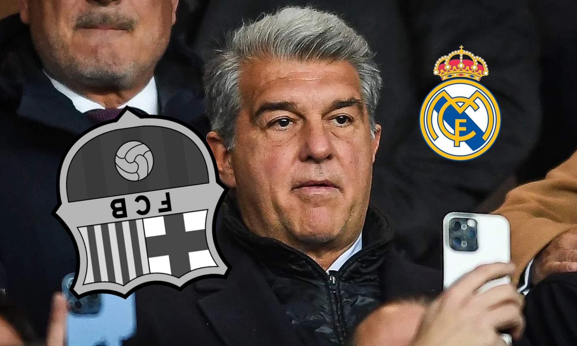 Laporta y escudos de Barcelona y Real Madrid