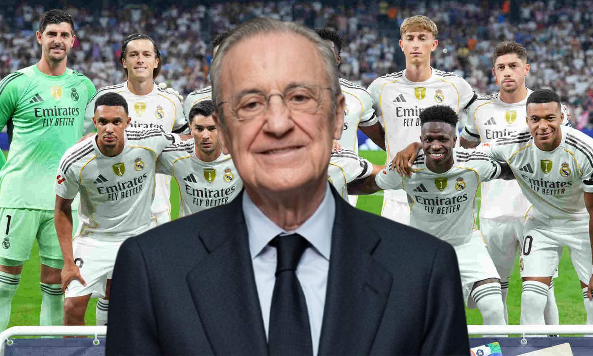 Florentino Pérez y un once del Real Madrid.